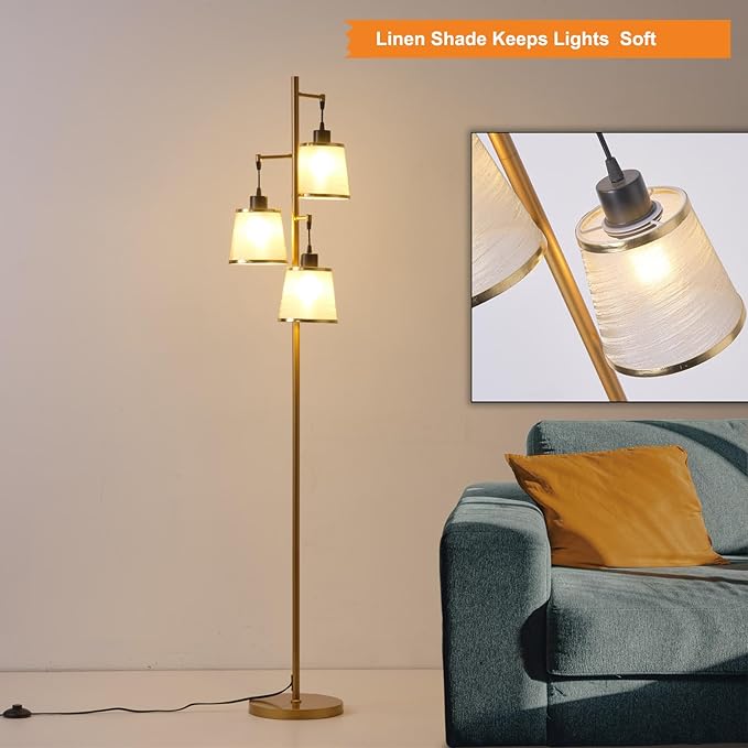 3 Lights Gold Floor Lamp, Mid Modern Standing Lamp Farmhouse with LED Bulbs & Elegant Lampshade, Tree Tall Lamp for Living Room, Bedroom, Office - Antique Brass - LeafyLoom