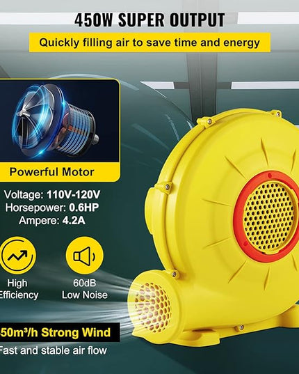 VEVOR Air Blower, 450W 0.6HP Inflatable Blower, Portable and Powerful Bounce House Blower, 1750Pa Commercial Air Blower Pump Fan, Used for Inflatable Bouncy Castle and Jump Slides, Yellow - LeafyLoom