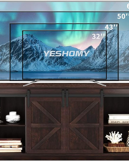 YESHOMY TV Stand for Televisions up to 65 Inchs, with Sliding Barn Doors and Storage Cabinets, Console Table and Media Furniture for Living Room, 58 Inch, Espresso - LeafyLoom