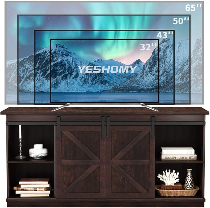 YESHOMY TV Stand for Televisions up to 65 Inchs, with Sliding Barn Doors and Storage Cabinets, Console Table and Media Furniture for Living Room, 58 Inch, Espresso - LeafyLoom