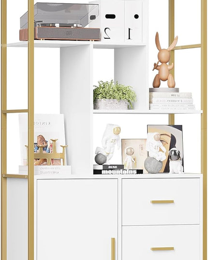 71.2 Inch Tall Bookshelf, Bookcase with door and 3 Drawers, Floor Standing Display Storage Shelves for Home Office, Living Room - LeafyLoom