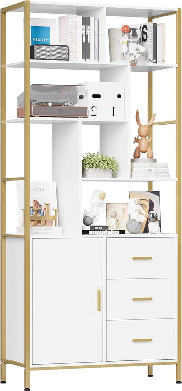 71.2 Inch Tall Bookshelf, Bookcase with door and 3 Drawers, Floor Standing Display Storage Shelves for Home Office, Living Room - LeafyLoom