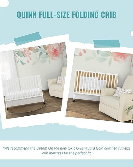 Quinn Full-Size Folding Crib In White, Removeable Wheels, Modern Nursey, Adjustable Mattress Support, Portable Crib, Patented Folding System - LeafyLoom