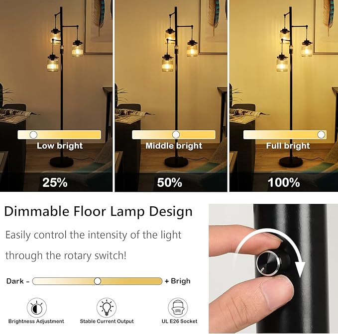 Industrial Farmhouse Rustic Lamp with 3 Glass Shades, Tall Standing Lamps with Dimmable Switch, Sturdy Base, Black Floor Lamps for Living Room Bedroom Office Home - LeafyLoom