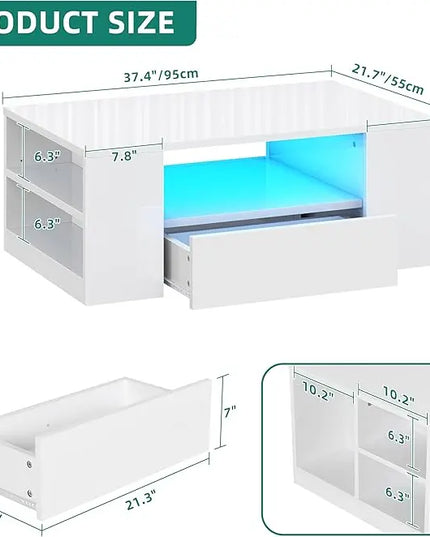YITAHOME Modern Coffee Tables for Living Room, High Gloss LED Coffee Table, Storage Coffee Table, Small Coffee Table, Wood Center Table with 2 Sliding Drawers and Open Side Shelf,White - LeafyLoom