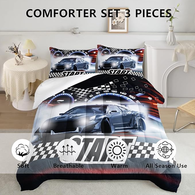 Axolotl Race Car Comforter Set Twin Size,Extreme Sports Bedding Set for Boys Teens Kids Girls Room Decor,Cool Speed Luxury Car Quilt Bed Set with 1 Comforter 2 Pillowcases Car Racing Gifts - LeafyLoom