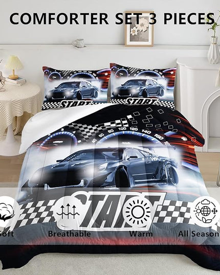 Axolotl Race Car Comforter Set Full Size,Extreme Sports Bedding Set for Boys Teens Kids Girls Room Decor,Cool Speed Luxury Car Quilt Bed Set with 1 Comforter 2 Pillowcases Car Racing Gifts - LeafyLoom