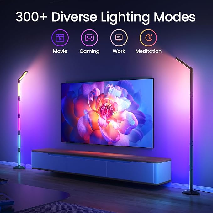 bedee LED Corner Floor Lamp: DIY Shaped RGB Floor Lamp with Music Sync and Timing, Modern 16 Million Color Changing Standing Light with Smart Remote & App Control for Living Room Gaming Room Bedroom - LeafyLoom