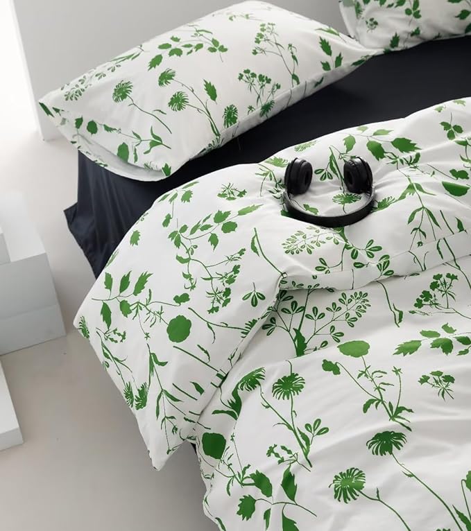 Sage Botanical Comforter Set Full White and Green Floral Plant Bedding Comforter Set Girls Garden Pattern Printed on White Blanket Rustic Leaf Blossom Women White Farmhouse Comforter Full - LeafyLoom