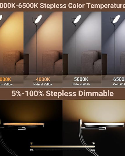 FIMEI LED Modern Floor Lamp, Super Bright Dimmable Tall Standing Lamp with 10'' Lamp Panel, 4 Color Temperature Rotatable Reading Floor Lamps, Remote&Touch Control, for Living Room Bedroom Office - LeafyLoom