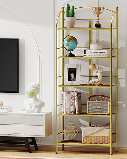 FRAPOW Folding Bookshelf No Assembly, 5 Tier Shelf Gold Collapsible Bookcase, Arched Metal Display Tall Book Shelf with Storage Shelves for Bedroom, Living Room, Home Office, Dorm - LeafyLoom