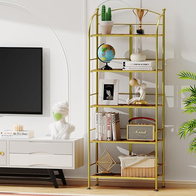 FRAPOW Folding Bookshelf No Assembly, 5 Tier Shelf Gold Collapsible Bookcase, Arched Metal Display Tall Book Shelf with Storage Shelves for Bedroom, Living Room, Home Office, Dorm - LeafyLoom