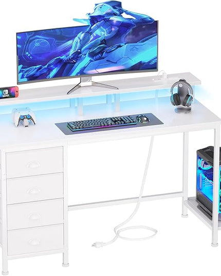 Furologee Desk with Power Outlets and LED Lights, 47in Gaming Computer Desk with 4 Fabric Drawers, Home Office Desk with Full Monitor Stand and Shelf, Study Writing Desk for Bedroom, White - LeafyLoom