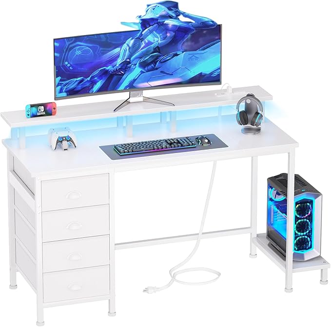 Furologee Desk with Power Outlets and LED Lights, 47in Gaming Computer Desk with 4 Fabric Drawers, Home Office Desk with Full Monitor Stand and Shelf, Study Writing Desk for Bedroom, White - LeafyLoom