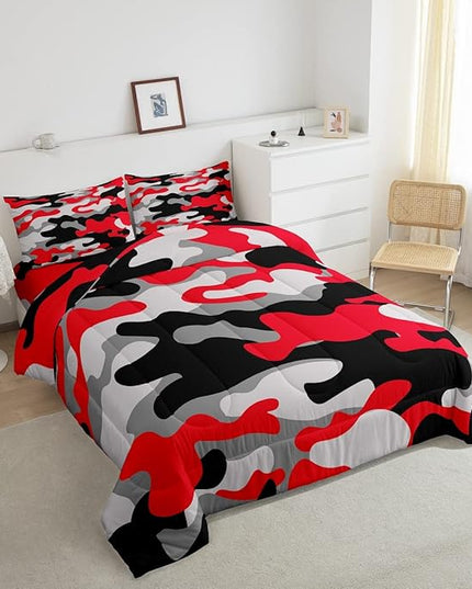 Feelyou Twin Size Camouflage Comforter Set 3Pcs Kids Bedding Set for Boys Girls Teens 1 Comforter & 2 Pillowcases(Twin,Red Black) - LeafyLoom