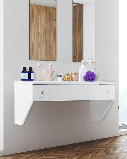 ALIMORDEN Floating Shelf with Mirror and Drawer,Floating Drawer for Bathroom, White Wall Mounted Desk,Pull Out Drawer, 31 inches Surface, Floating Wall Desk, Hanging Desk, White - LeafyLoom