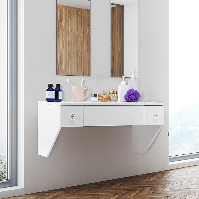 ALIMORDEN Floating Shelf with Mirror and Drawer,Floating Drawer for Bathroom, White Wall Mounted Desk,Pull Out Drawer, 31 inches Surface, Floating Wall Desk, Hanging Desk, White - LeafyLoom