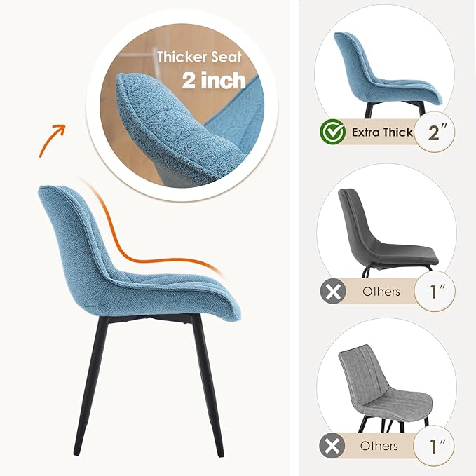 YOUNUOKE Comfortable Dining Chairs Set of 2, Mid-Century Modern Kitchen Dining Room Chairs, Upholstered Backrest Boucle Dining Chair with Black Metal, Sky Blue - LeafyLoom