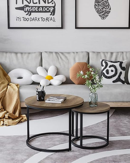 Nesting Coffee Table Set of 2, 23.6" Round Coffee Table Wood Grain Top with Adjustable Non-Slip Feet, Industrial End Table Side Tables for Living Room Bedroom Balcony Yard - LeafyLoom