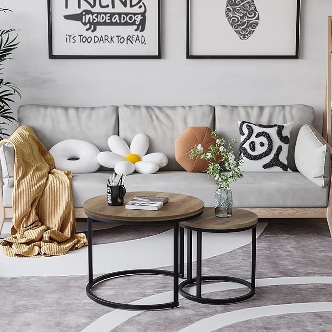 Nesting Coffee Table Set of 2, 23.6" Round Coffee Table Wood Grain Top with Adjustable Non-Slip Feet, Industrial End Table Side Tables for Living Room Bedroom Balcony Yard - LeafyLoom