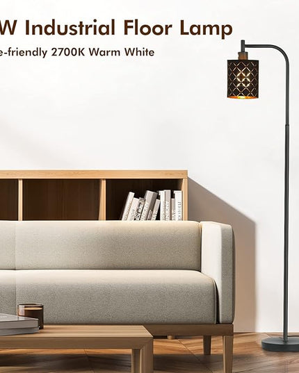 Floor Lamp for Bedroom, LED Floor Lamps for Living Room with 6W LED Bulb, Foot Switch, Farmhouse Modern Standing Lamps for Bedroom with Decorative Cutout Lampshade, Arc Vintage Stand up Light, Black - LeafyLoom