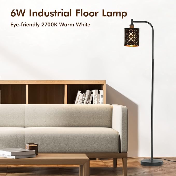 Floor Lamp for Bedroom, LED Floor Lamps for Living Room with 6W LED Bulb, Foot Switch, Farmhouse Modern Standing Lamps for Bedroom with Decorative Cutout Lampshade, Arc Vintage Stand up Light, Black - LeafyLoom