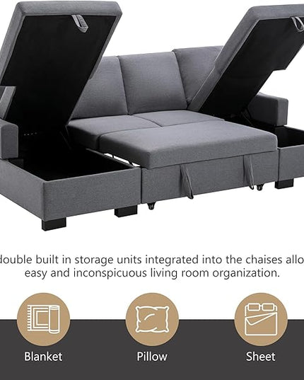 104.7" Upholstery Sleeper Sectional Sofa with Double Storage Chaise and 2 Tossing Cushions, U-Shaped Corner Couch w/Pulled Out Bed for Living Room, Apartment and Office, Grey, 104.7 Inch - LeafyLoom