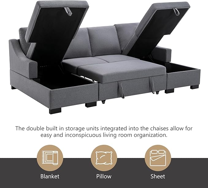 104.7" Upholstery Sleeper Sectional Sofa with Double Storage Chaise and 2 Tossing Cushions, U-Shaped Corner Couch w/Pulled Out Bed for Living Room, Apartment and Office, Grey, 104.7 Inch - LeafyLoom