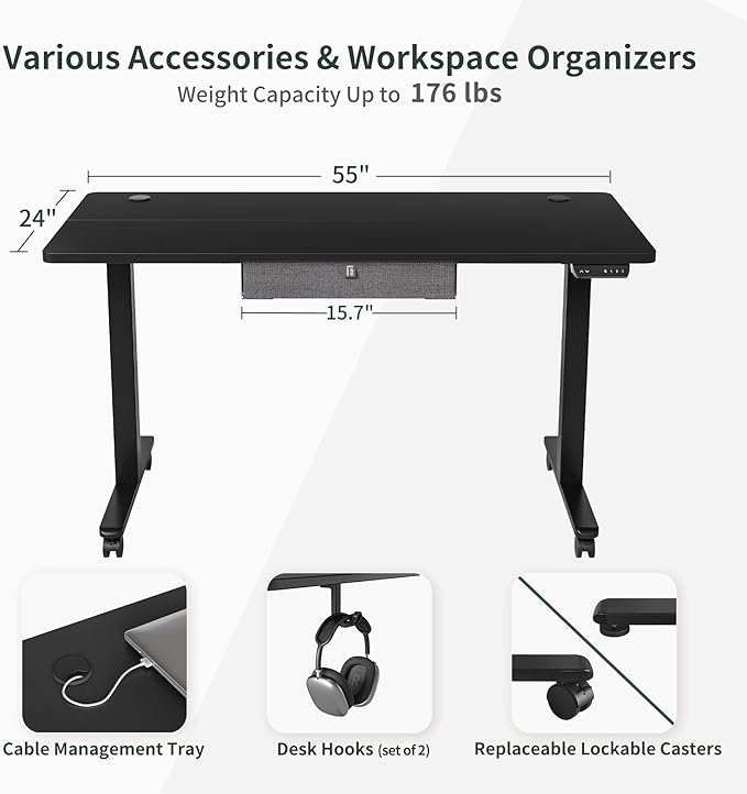 FEZIBO 55x 24 Inches Standing Desk with Drawer, Adjustable Height Electric Stand up Desk with Storage, Sit Stand Home Office Desk, Ergonomic Computer Desk, Black - LeafyLoom