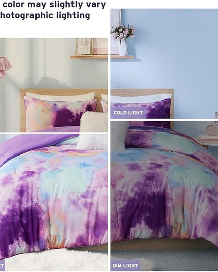 Intelligent Design King Size Comforter Set, Watercolor Comforter Set for Teen Girl & Boys, Tie Dye King Bedding Sets, 4 Pieces Cassiopeia Comforter, Sham, Throw Pillow King/Cal King Lavender - LeafyLoom