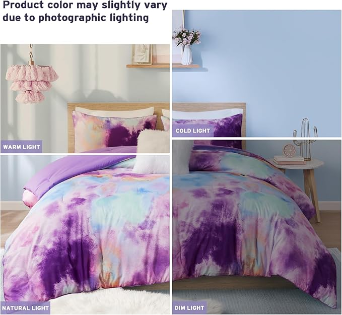 Intelligent Design King Size Comforter Set, Watercolor Comforter Set for Teen Girl & Boys, Tie Dye King Bedding Sets, 4 Pieces Cassiopeia Comforter, Sham, Throw Pillow King/Cal King Lavender - LeafyLoom