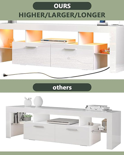 Clikuutory Modern LED White 67 inch TV Stand with Power Outlet and Large Storage for 40 50 55 60 65 70 75 Inch TVs, Wood TV Console with High Glossy Entertainment Center for Living Room, Bedroom - LeafyLoom