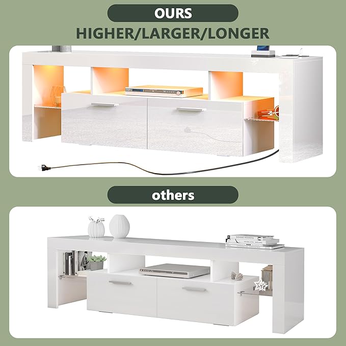 Clikuutory Modern LED White 67 inch TV Stand with Power Outlet and Large Storage for 40 50 55 60 65 70 75 Inch TVs, Wood TV Console with High Glossy Entertainment Center for Living Room, Bedroom - LeafyLoom