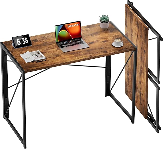 Coavas 31.5 inch Folding Desk No Assembly Required, Writing Computer Desk Space Saving Foldable Table Simple Home Office Desk, Slippy Vintage Brown - LeafyLoom