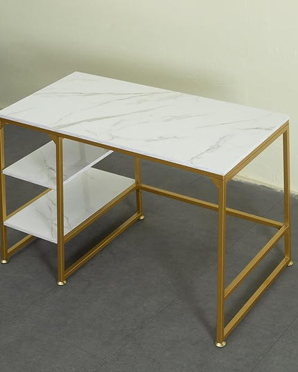 CIVANA Metal Office Desk，43 Inch Small Study Desk,Gold Office Desk with 2 Tier Storage Space，Computer Desk Modern Simple Style，Sturdy Writing Workstation for Home & Office，White Marble + Gold Leg - LeafyLoom