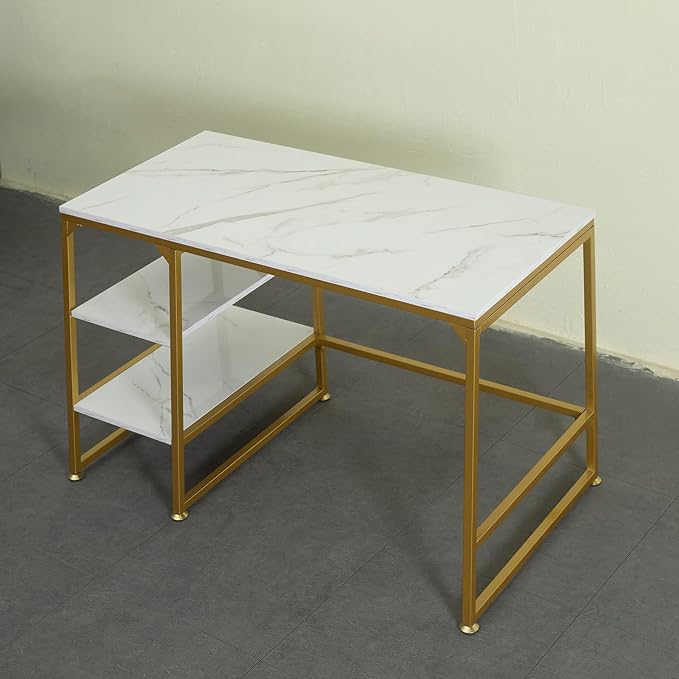 CIVANA Metal Office Desk，43 Inch Small Study Desk,Gold Office Desk with 2 Tier Storage Space，Computer Desk Modern Simple Style，Sturdy Writing Workstation for Home & Office，White Marble + Gold Leg - LeafyLoom