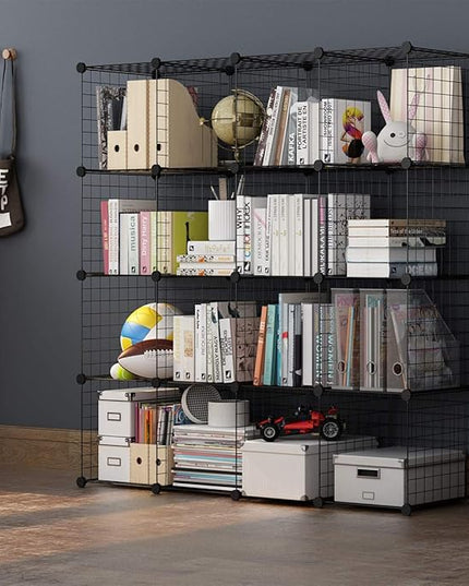 TUMUCUTE Wire Storage Cubes, Metal Storage Shelves Bookshelf, Stackable Modular Closet Organizer for Bedroom Living Room, Office, Black (16 Cubes, Iron) - LeafyLoom