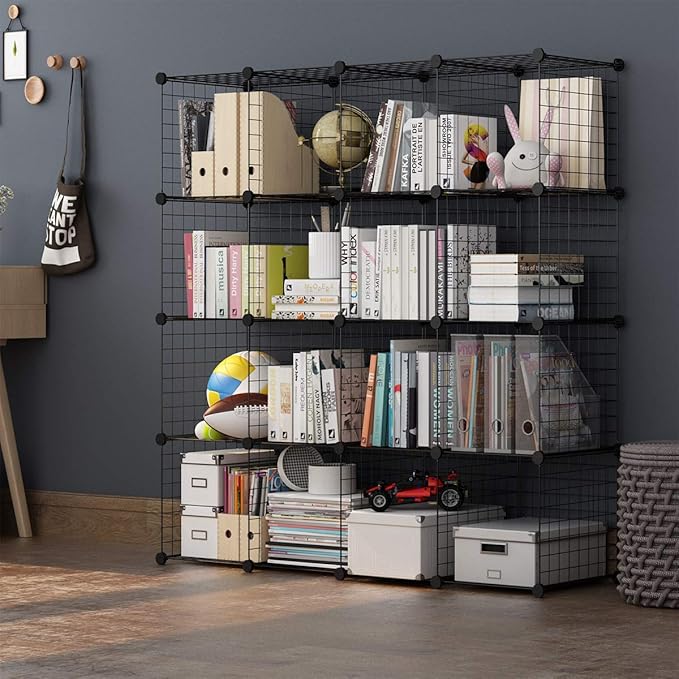 TUMUCUTE Wire Storage Cubes, Metal Storage Shelves Bookshelf, Stackable Modular Closet Organizer for Bedroom Living Room, Office, Black (16 Cubes, Iron) - LeafyLoom