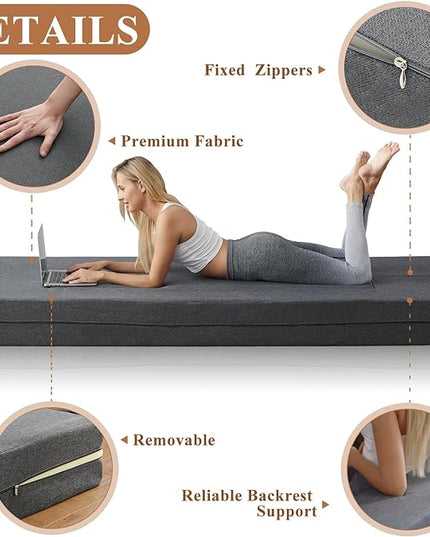 Convertible Folding Sofa - Modern Linen Fabric Coffee Table, Foldable Floor & Futon Couch, Space-Saving Chair with Pillow for Living Room/Dorm/Guest Room/Home Office/Apartment,Twin XL,Dark Gray - LeafyLoom