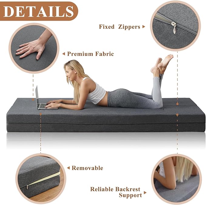 Convertible Folding Sofa - Modern Linen Fabric Coffee Table, Foldable Floor & Futon Couch, Space-Saving Chair with Pillow for Living Room/Dorm/Guest Room/Home Office/Apartment,Twin XL,Dark Gray - LeafyLoom