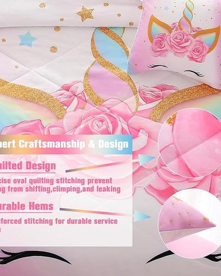 JQinHome Unicorn Queen Bedding Sets for Girls Kids,6 Piece Bed in A Bag 3D Colorful Flower Girl Unicorn Comforter Set(1 Comforter,2 Pillowcases,1 Flat Sheet,1 Fitted Sheet,1 Cushion Cover) - LeafyLoom