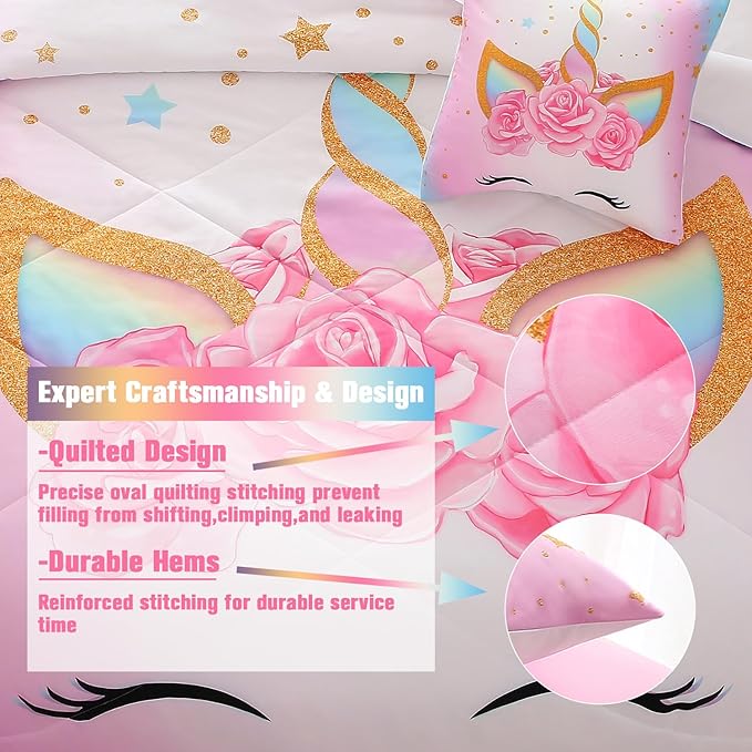 JQinHome Unicorn Queen Bedding Sets for Girls Kids,6 Piece Bed in A Bag 3D Colorful Flower Girl Unicorn Comforter Set(1 Comforter,2 Pillowcases,1 Flat Sheet,1 Fitted Sheet,1 Cushion Cover) - LeafyLoom