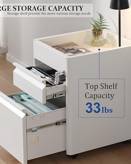 2 Drawer Mobile File Cabinet Top Storage Shelf, Rolling Metal Filing Cabinet for Legal & Letter File Anti-tilt Design with Lock Under Desk Office Drawers Fully Assembled Except Casters(Top ST W) - LeafyLoom
