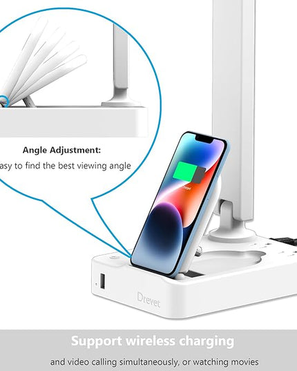 Drevet LED Desk Lamp with Wireless Charger, Desk Table Light with USB Charging Port and 2 Outlets, 3 Lighting Modes, 3 Level Brightness, 1H Timer, Touch Control, Eye-Caring Home Office Lamp, White - LeafyLoom