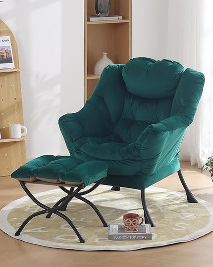 Oversized Chair with Ottoman, Modern Chair with Folding Footrest, Lounge Accent Chair, Comfortable Reading Chair for Bedroom, Study, Living Room, Courtyard (Dark Green) - LeafyLoom
