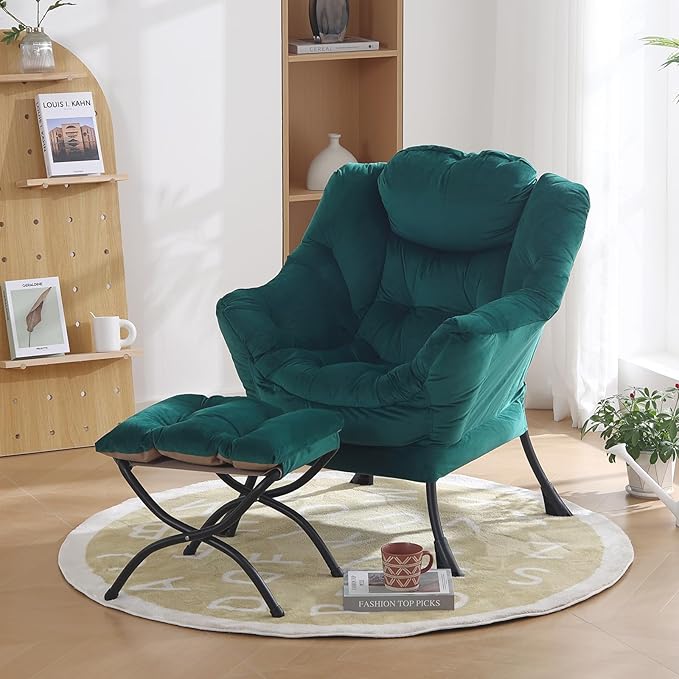 Oversized Chair with Ottoman, Modern Chair with Folding Footrest, Lounge Accent Chair, Comfortable Reading Chair for Bedroom, Study, Living Room, Courtyard (Dark Green) - LeafyLoom