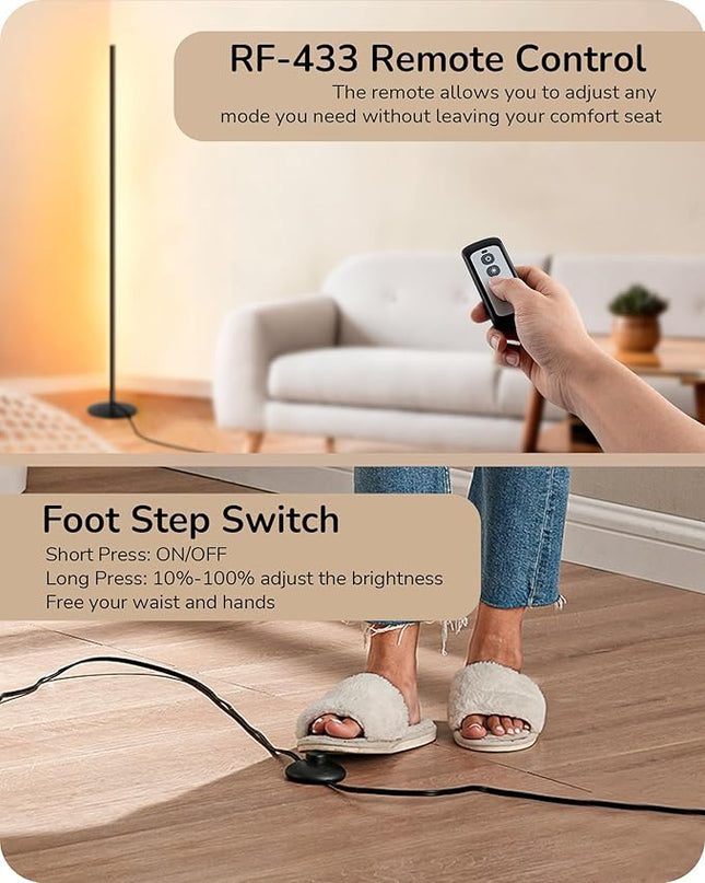 EDISHINE LED Corner Floor Lamp with Remote, 57.5" Minimalist Dimmable Mood Lighting, Standing Tall Pole Lamp for Living Room, Bedroom, Home Office, 3000K Warm White Light (Black) - LeafyLoom