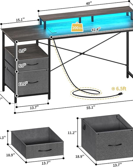 Yoobure Computer Desk, Gaming Desk with LED Lights & Power Outlets, Office Desk with Fabric File Cabinets, 55.1" Gaming Table with Long Monitor Stand, PC Gamer Desk with Drawers for Home office, Grey - LeafyLoom