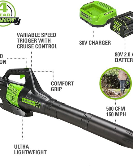 Greenworks 80V (150 MPH / 500 CFM / 75+ Compatible Tools) Cordless Axial Leaf Blower, 2.0Ah Battery and Charger Included - LeafyLoom