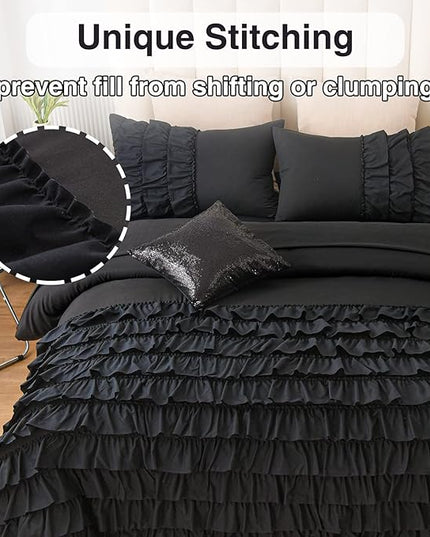 A Nice Night Waterfall Flutter Ruffle Comforter Sets,Ruffled Textured Chic Princess 6pcs Bedding Set,with Bling Shiny Sequin Throw Pillow Case,Black,Twin - LeafyLoom